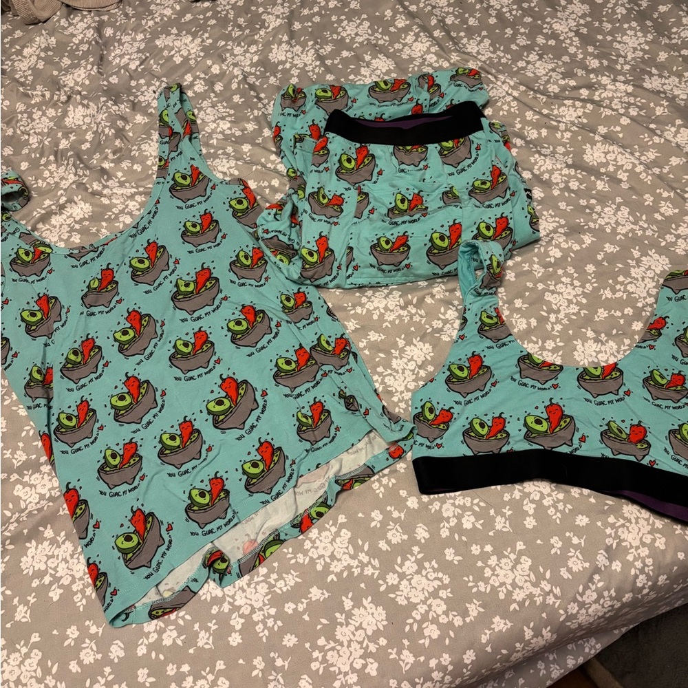 Aqua avocado 🥑 print Pajama Set with Black Trim